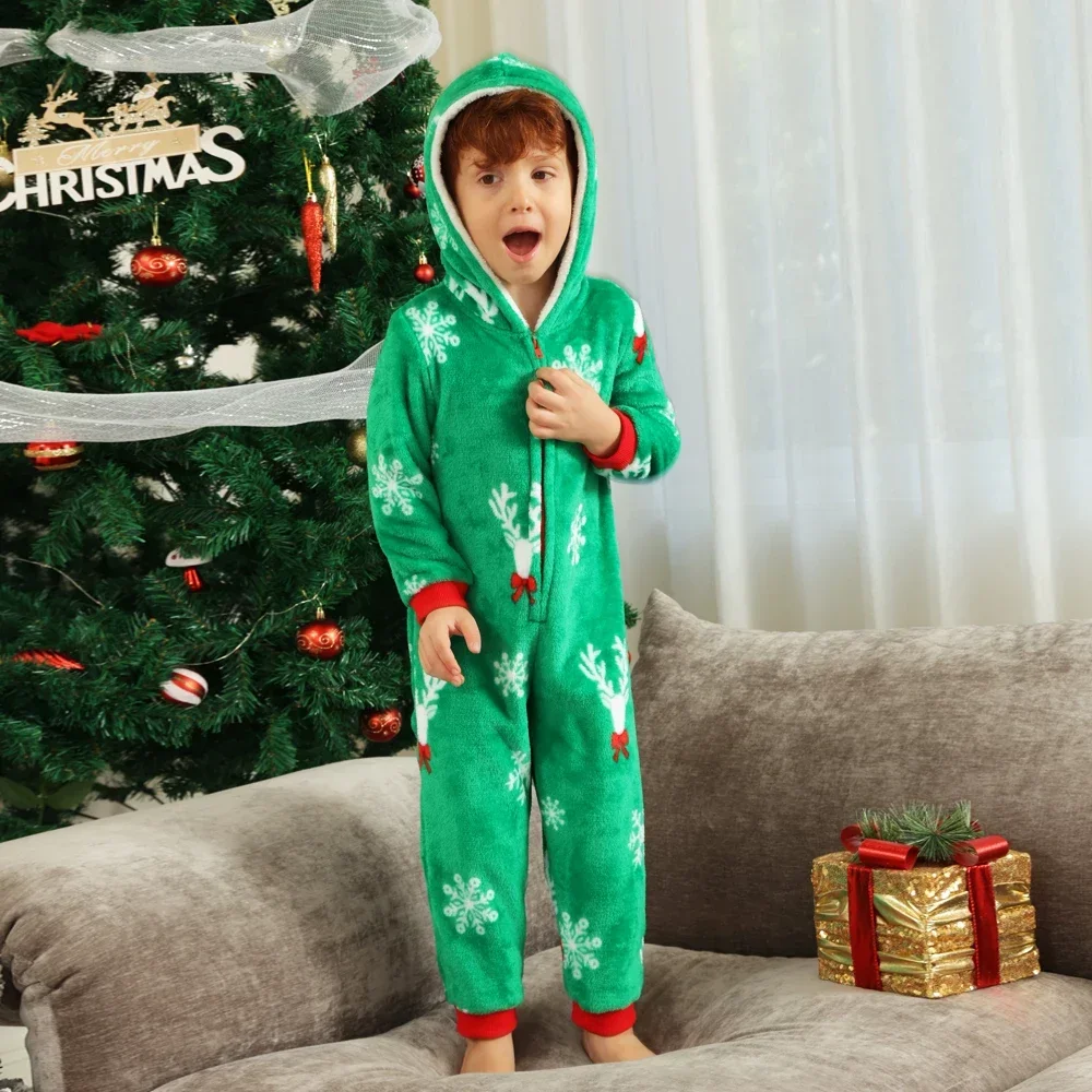 2024 Winter Children's Christmas Pajamas Baby Boys Girls Zipper Hooded Jumpsuit Warm Thick Flannel Romper Xmas Clothing