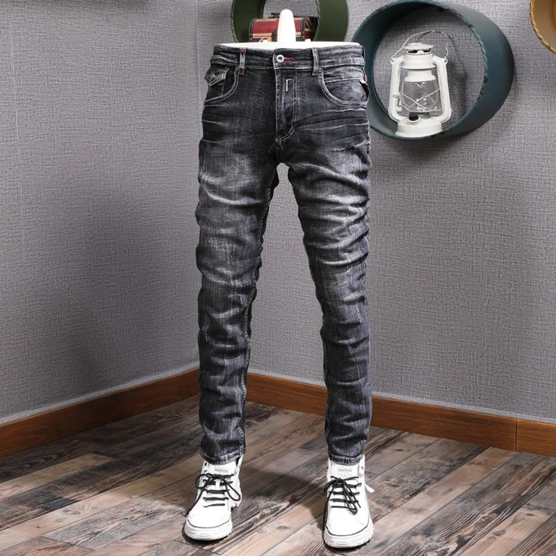 

Italian Style Fashion Men Jeans Retro Black Gray Slim Fit Ripped Jean Men Stretch Trousers Vintage Designer Casual Denim Pants