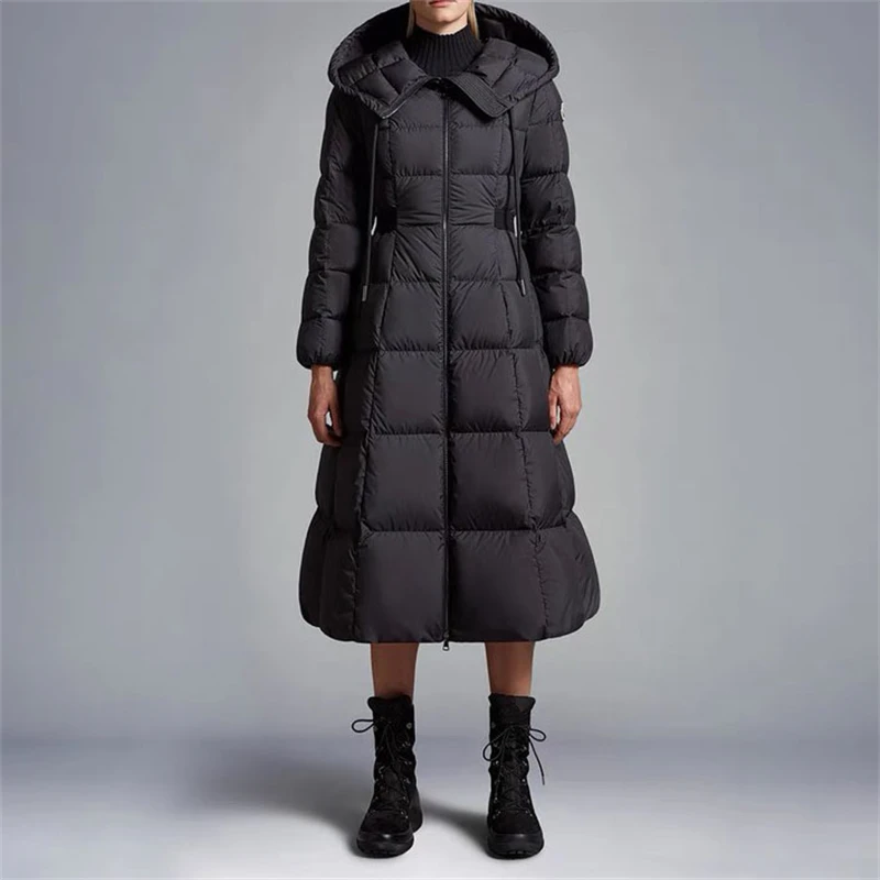 

Winter women's thickened warm mid length hooded down jacket y2k high-quality fashionable retro A-line down jacket 2023
