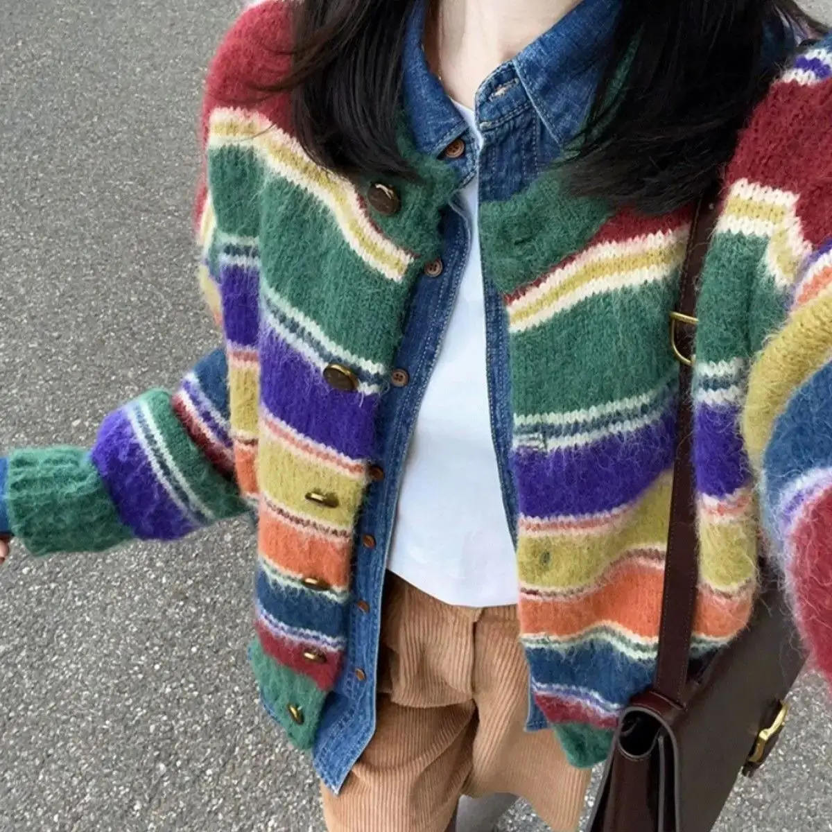 Осенний свитер вязаный кардиган ранний зимний толстый контрастный цвет женский