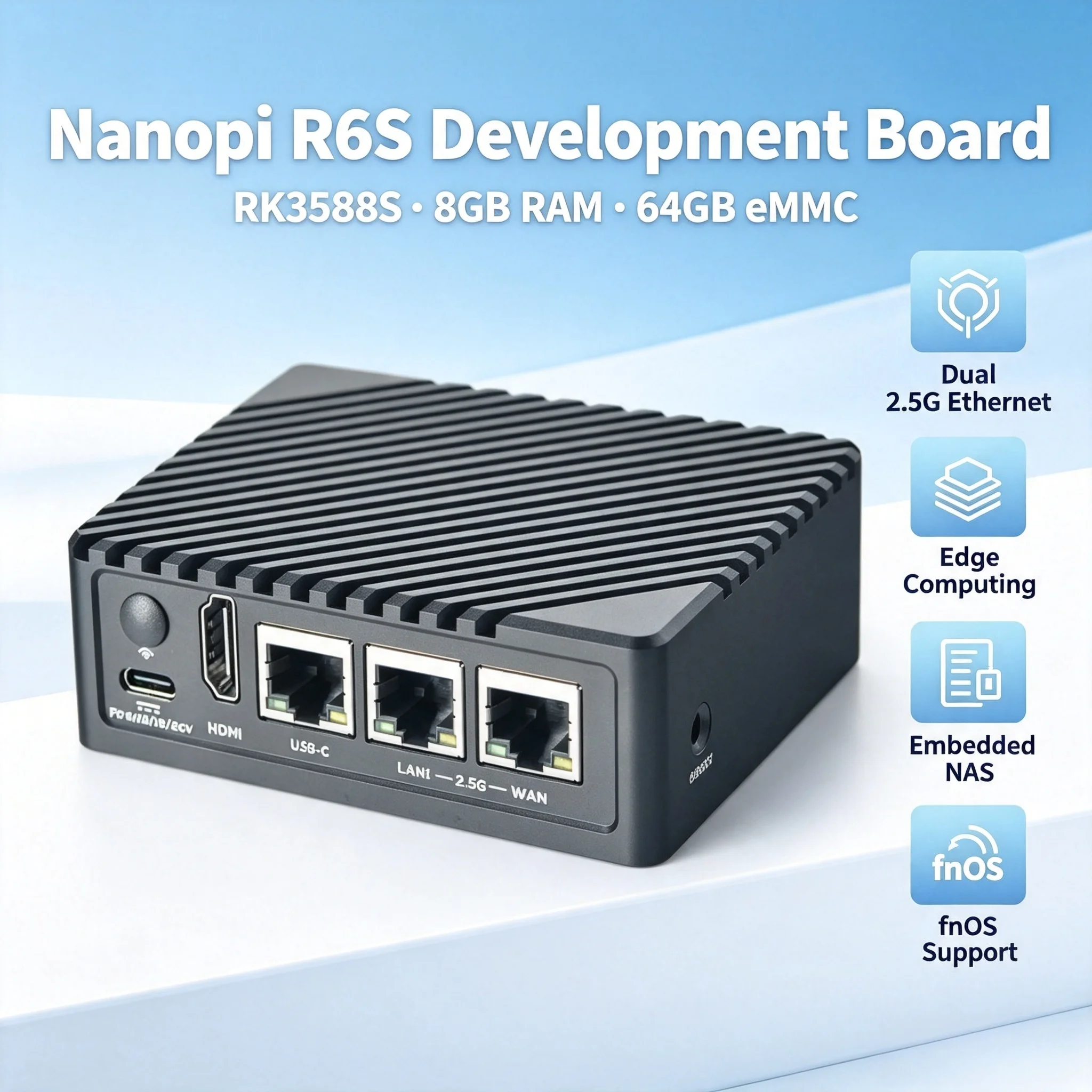 Фото Плата разработки Nanopi R6S RK3588S, 8 ГБ ОЗУ, 64 ГБ eMMC, два порта 2.5G Ethernet, поддержка периферийных вычислений, встраиваемый NAS, поддержка fnOS №2