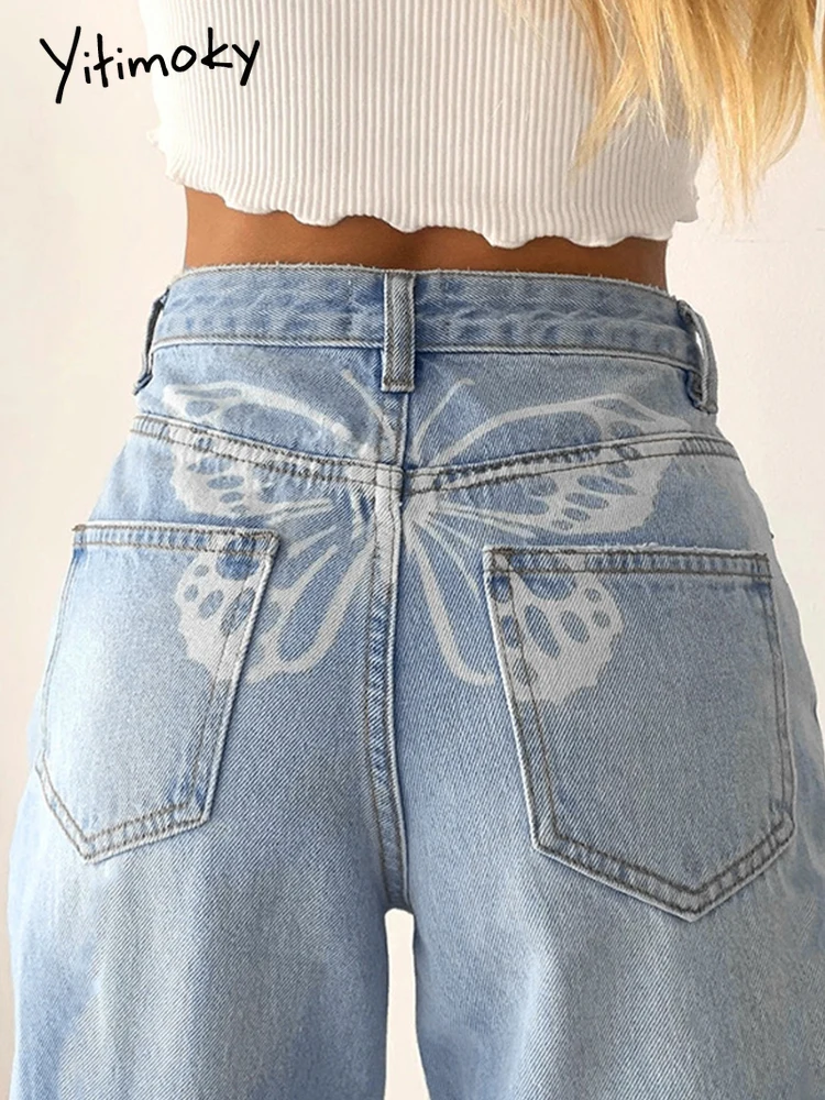 

Yitimoky Y2K Butterfly Print High Waist Women'S Jeans Loose Wide Leg Pants Mom Boyfriend Denim Capris Straight Trousers Oversize