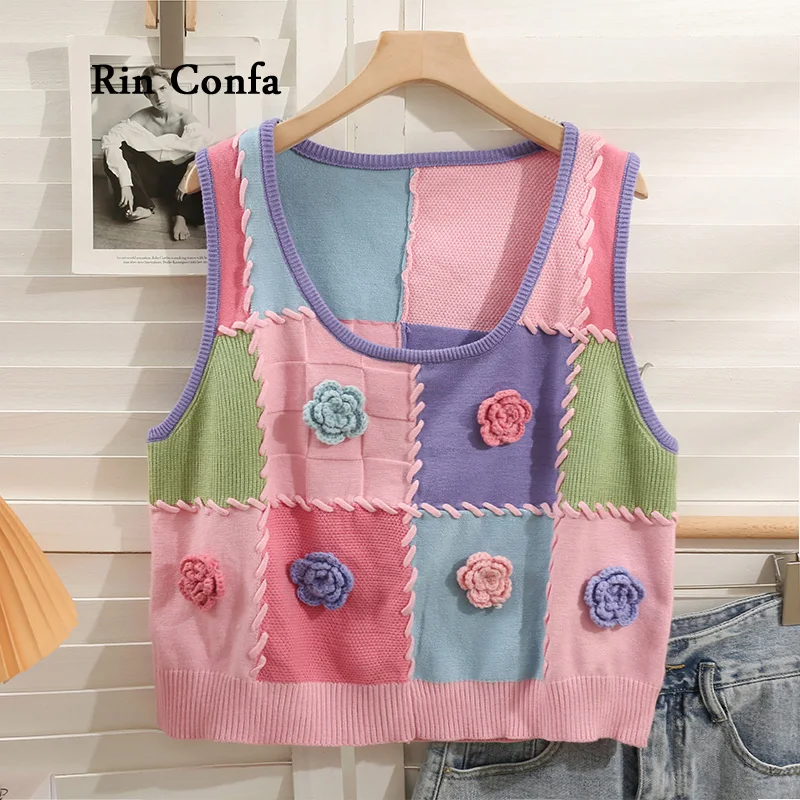 

Rin Confa Contrast Color Join Together Plaid Knitting Waistcoat Sweet Three-Dimensional Floral Top Women Summer Short Chic Tops