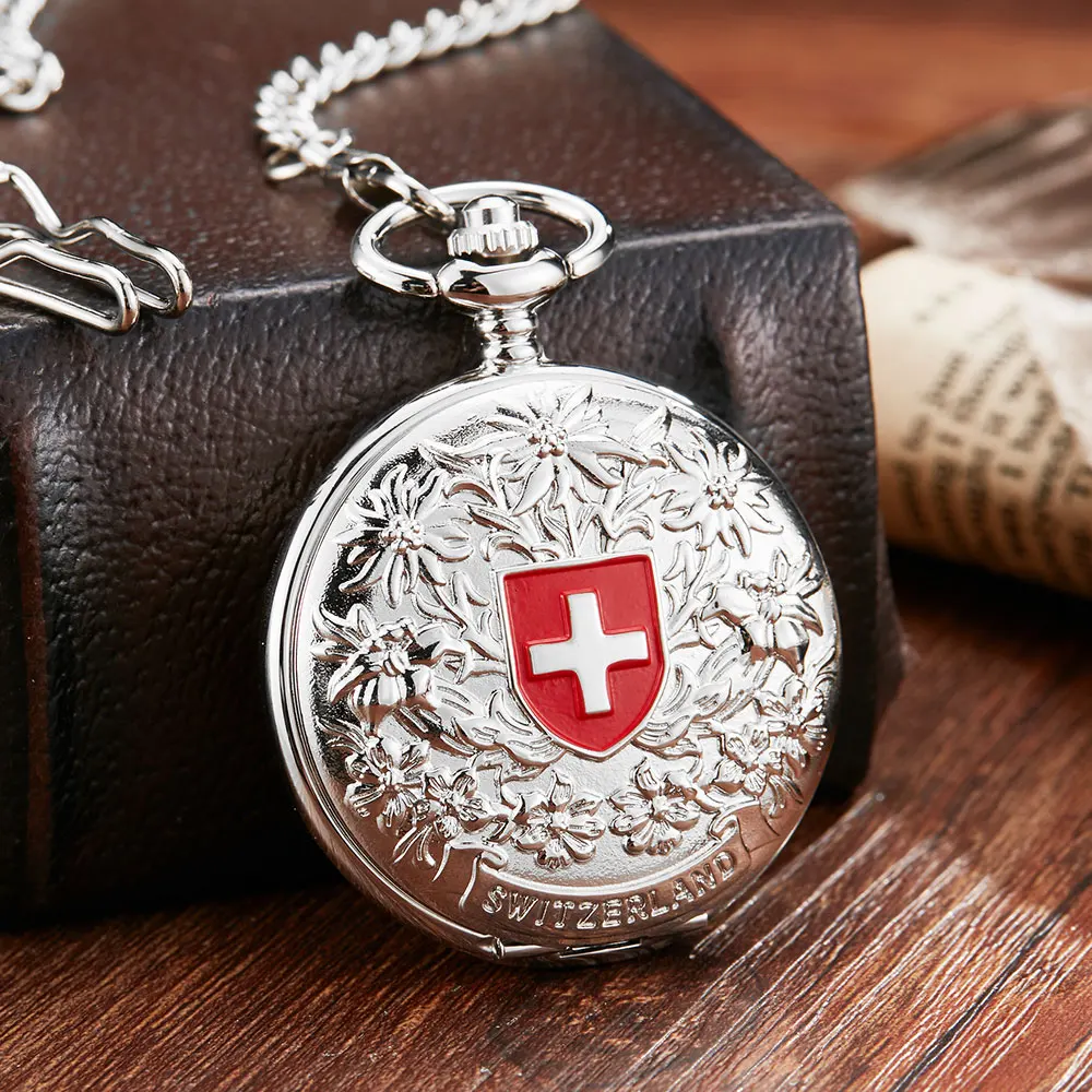 Винтажные Серебряные швейцарские красные Механические карманные часы Edelweiss