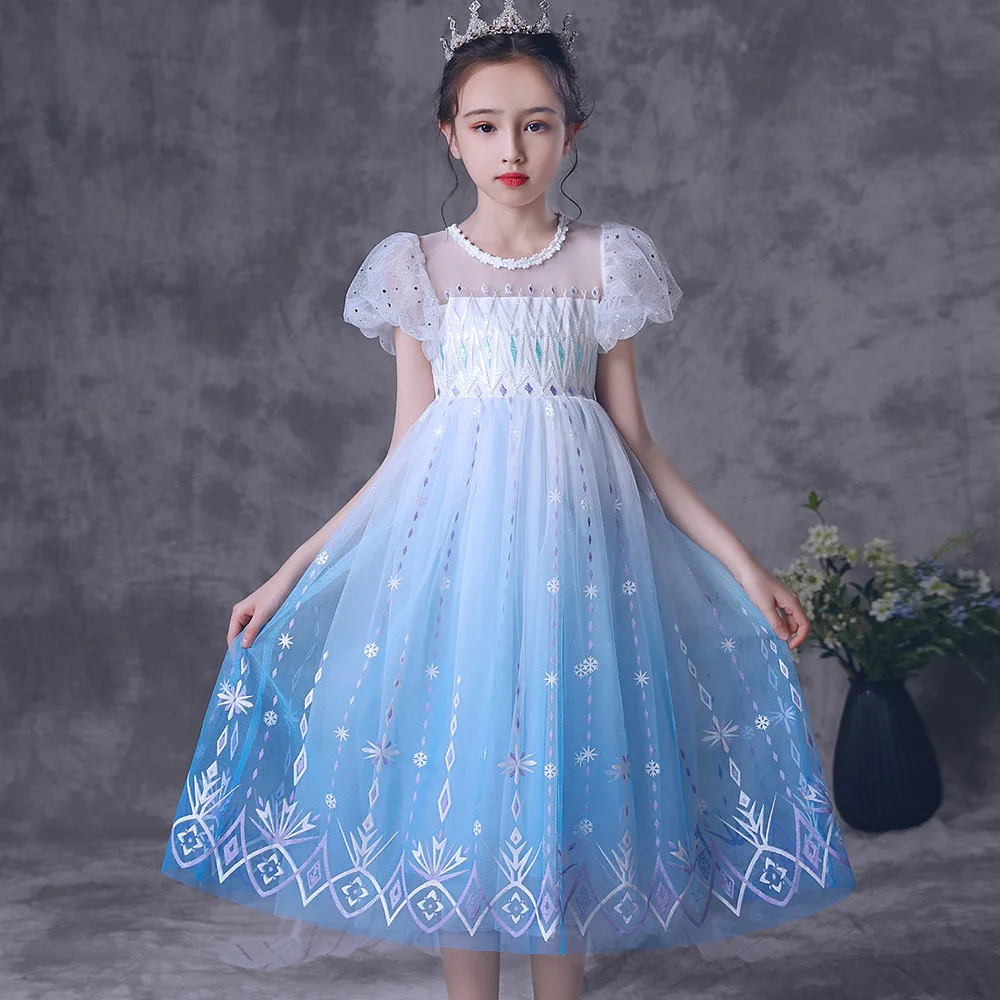 

Frozen Elsa Princess Gradient Gauze Dress Children's Day Halloween Cosplay Skirt Girls Round-neck Puff-sleeve Dress With Cloak