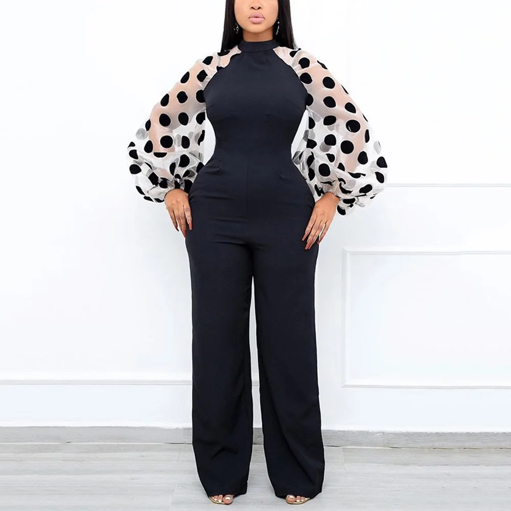 

Elegant Jumpsuits & Rompers for Women 2022 Female Black High Waisted Polka Dot Sleeve Formal Business Work Office Long Overalls