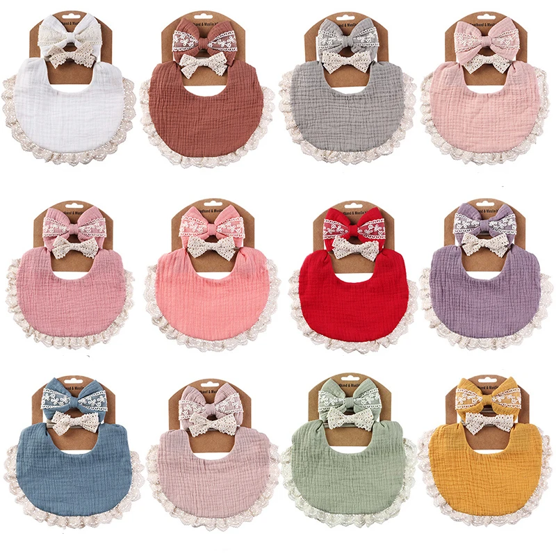 

3Pcs Baby Bibs Set Infant Girls Lace Bow Headband Cotton Saliva Towel New Born Bandana Burp Cloths Double Sided Bib Baby Stuff