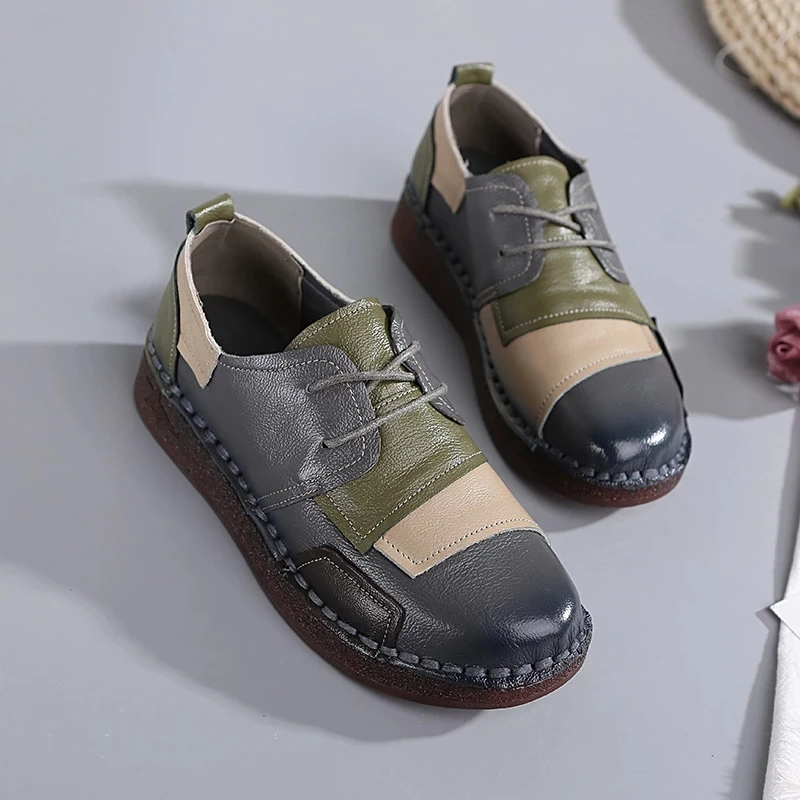 Xiuteng  New Women 2023  Mother Ladies Female Cow Genuine Leather Shoes Flats Loafers Slip On Casual National Style Plaid shoes