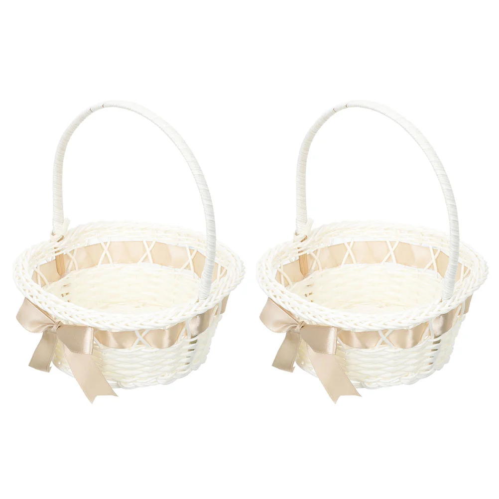 

2 Pcs Hand-woven Flower Basket Girl Storage Handle Plastic Bride Decorative Holder Wedding