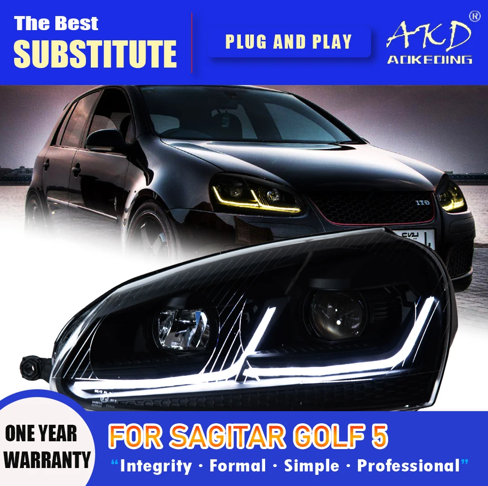 Фото Фара AKD для VW Sagitar Golf 5, светодиодная фара 2006-2011, фары Golf5 с ДХО, указателями поворота, дальним светом, линзой-проектором Angel Eye