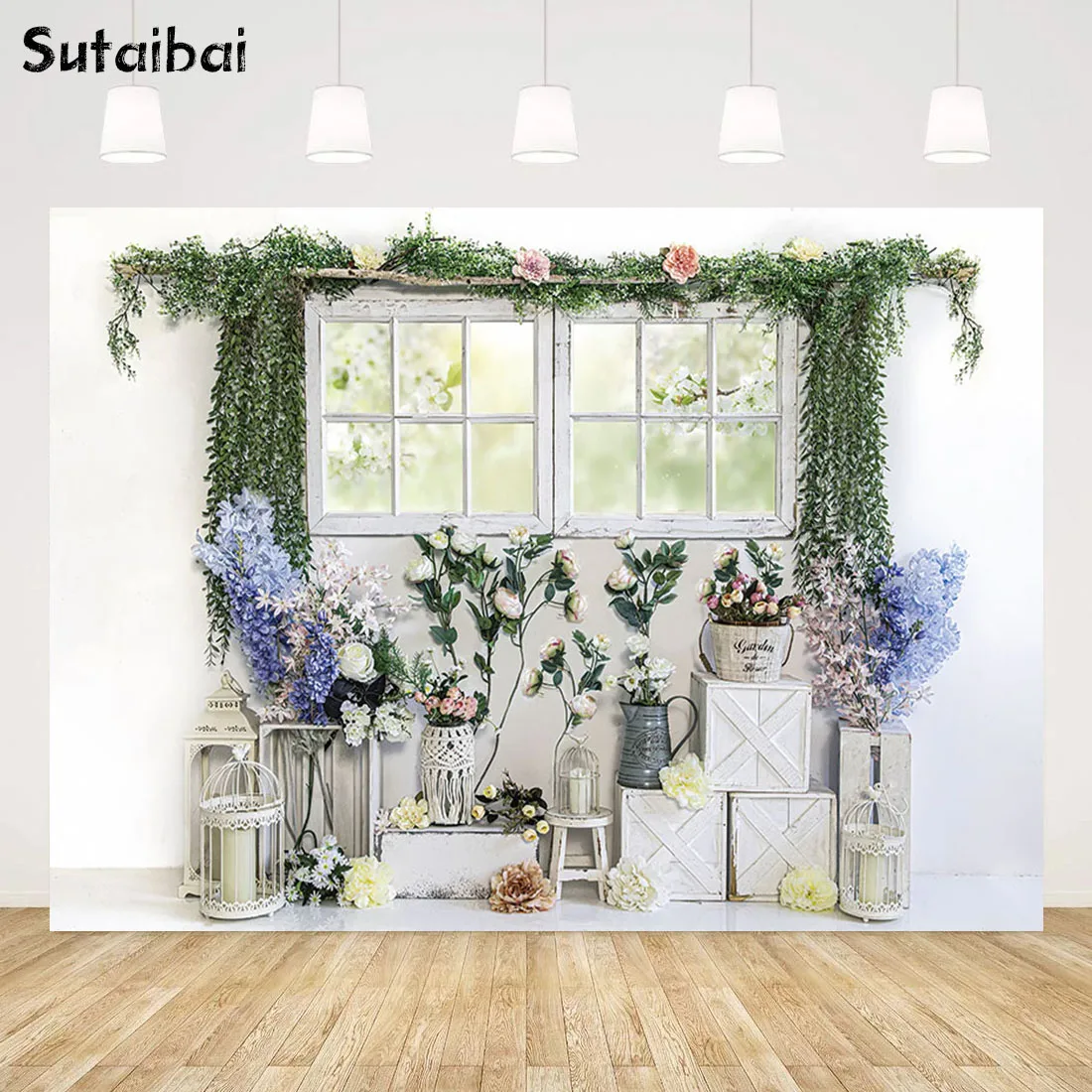 

Фон для студийной фотосъемки с изображением кролика цветов яйца весны Пасхи