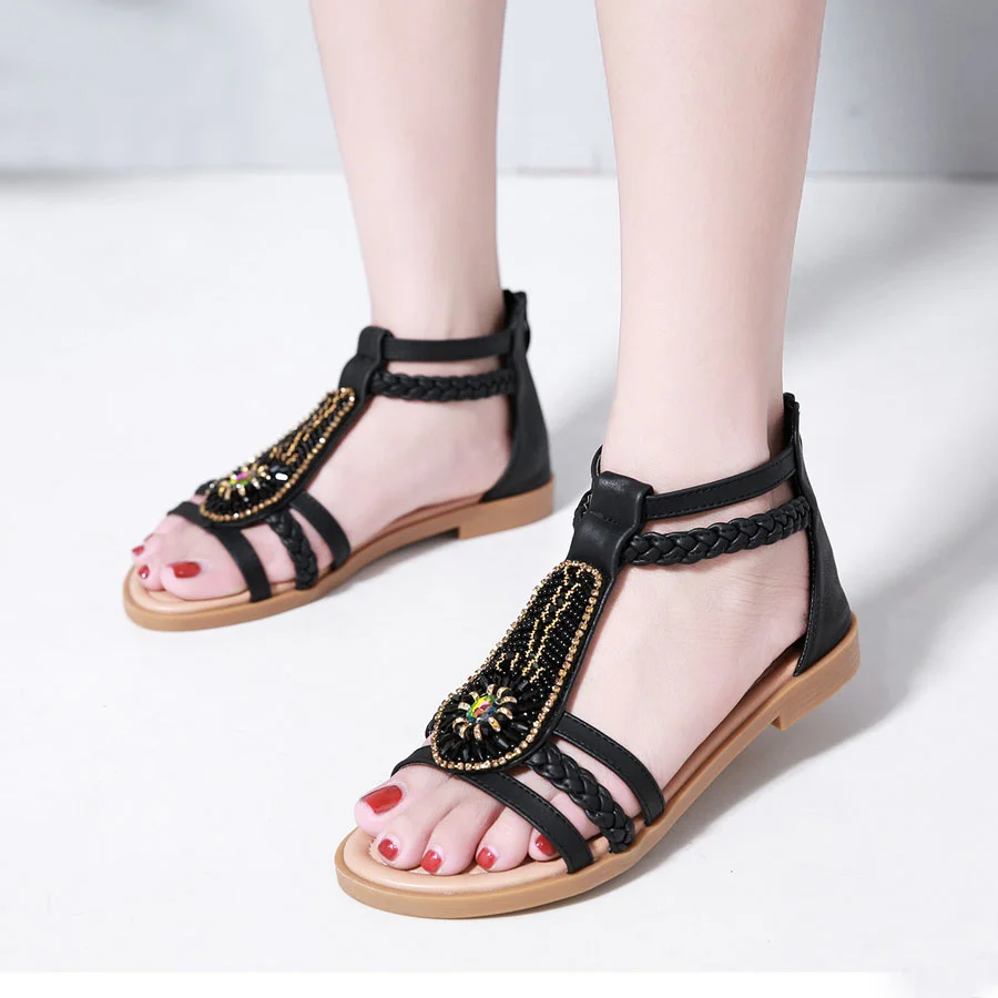 

Сандалии женские на плоской подошве, Босоножки с открытым носком, на молнии, пляжная обувь с бусинами, удобные прочные богемные босоножки, л...