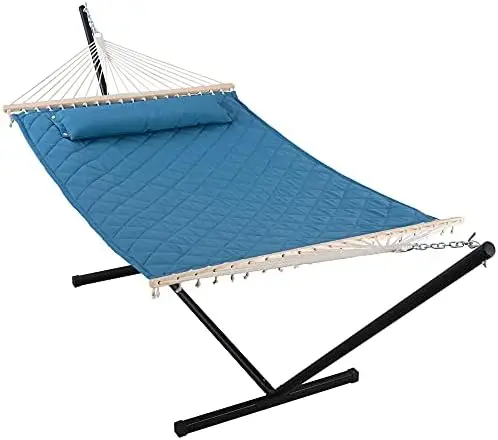 

Hammock with 12 Feet Heavy Duty Steel Stand Combo, 2 Person Quilted Hammock with Stand for Outdoors Indoors, 450 LBS Weight Capa