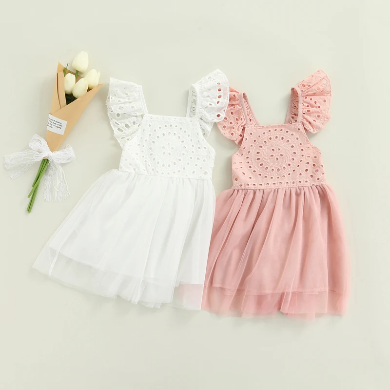

pudcoco 2022 Infant Lace Tutu Dress Girls Solid Color Fly Sleeve V-Neck Patchwork Dresses (White Pink)