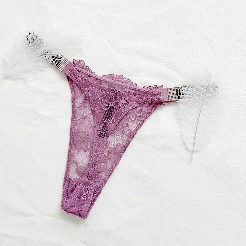 VS-Calcinha de Renda Cintura Baixa Feminina Sutiã Strass Thong Roupa Interior Conforto Letras Sexy Marca