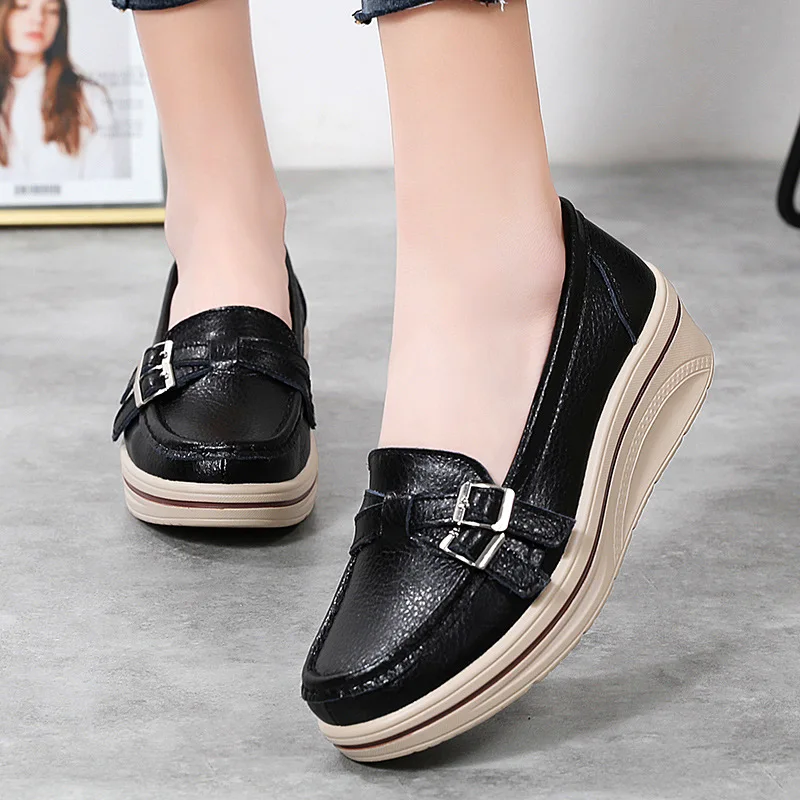 

Spring Autumn Women Flats Platform Loafers Ladies Leather Comfort Wedge Moccasins Orthopedic Slip on Metal Buckle Casual Shoes