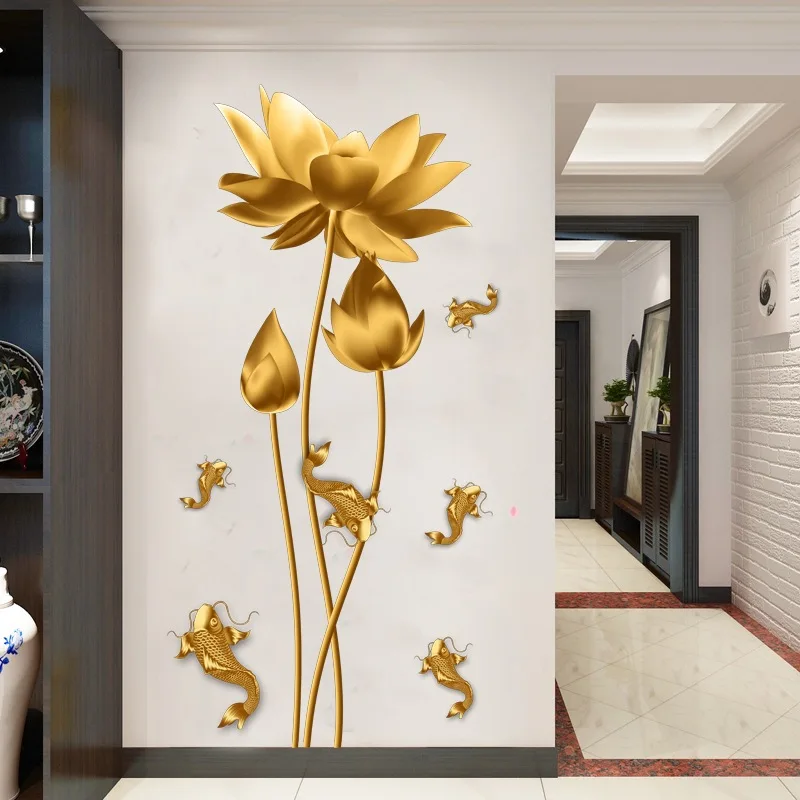 

Самоклеющиеся элегантные наклейки на стену в китайском стиле с изображением золотого лотоса и рыбы, виниловые наклейки на стену для гостин...