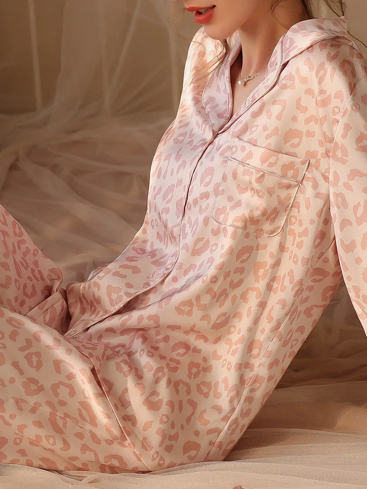 Pink Leopard Pajamas Women's Ice Silk Suit Summer Thin Long Sleeve Pants Worn Outside 2022 New Home Clothes Sexy Robe Sleepwear