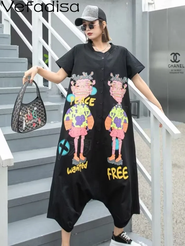 

Vefadisa2023 летний женский комбинезон Черный Модный мультяшный комбинезон с коротким рукавом большого размера персонализированный Повседневн...