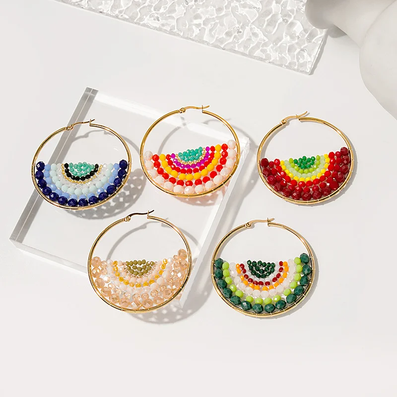 

Minar Bohemia Colorful Contrast Color Beads Pearl Rhinestones Hoop Earrings for Women Big Hollow Round Circle Statement Earring
