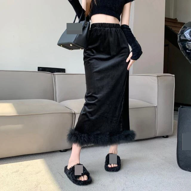 High waist velvet skirt Feather wrap hip skirt Black ostrich hair skirt Women's autumn and winter mid length design slit skirt