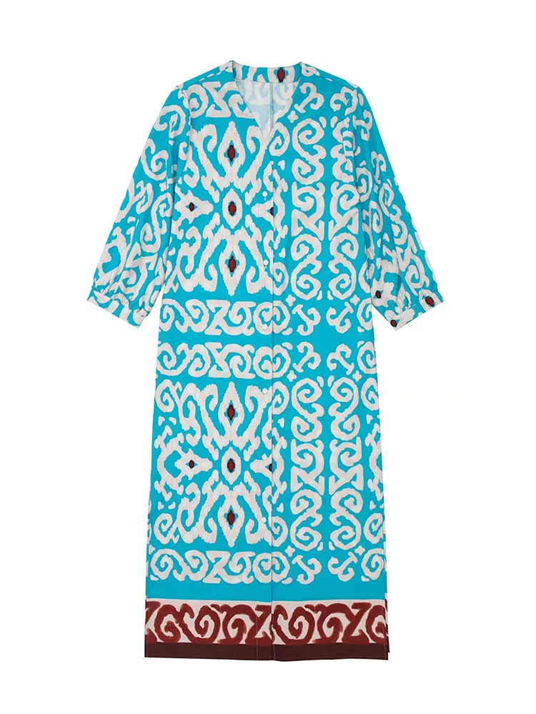 

Платье XEASY женское с принтом, модная однобортная прямая юбка миди с V-образным вырезом и рукавами-фонариками, свободное Повседневное платье оверсайз