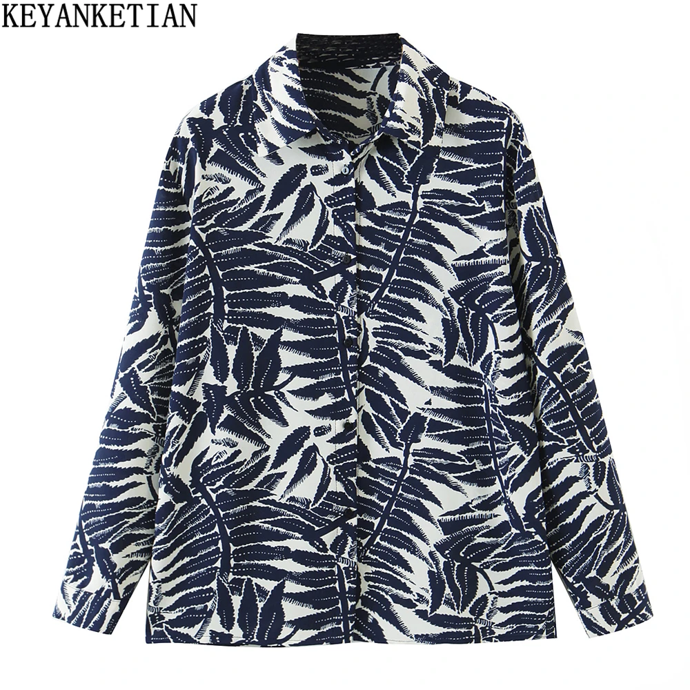 

KEYANKETIAN Ladies Hand Painted Leaf Print Shirt 2022 Spring and Autumn New Retro Style Lapel Long Sleeve Loose Women's Top