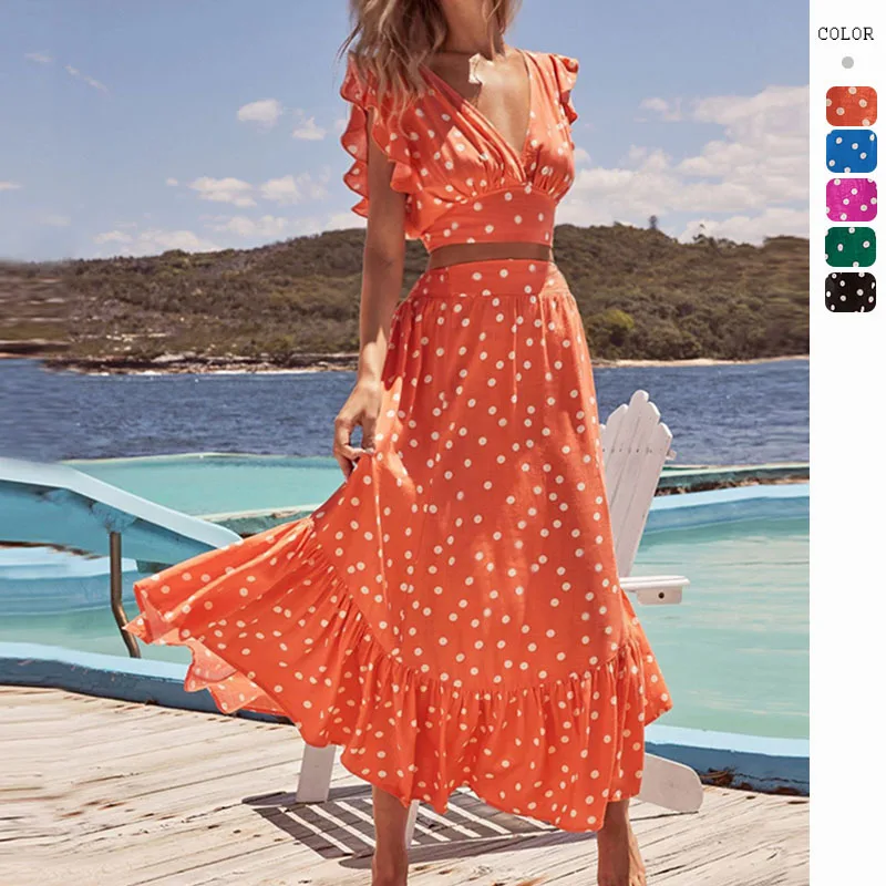 

Holiday V-neck Ruffles Sleeves V-neck Tops Dot Print Summer Dress Women 2 Pieces Set Elastic Beach Long Skirts Dresses