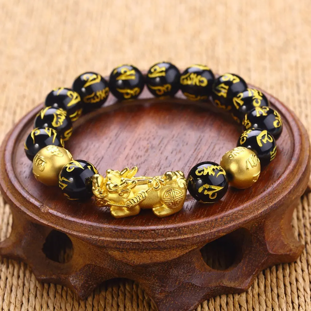 

Feng Shui Obsidian Stone Beads Bracelet Men Women Unisex Wristband Gold Black Pixiu Wealth and Good Luck Women Bracelet