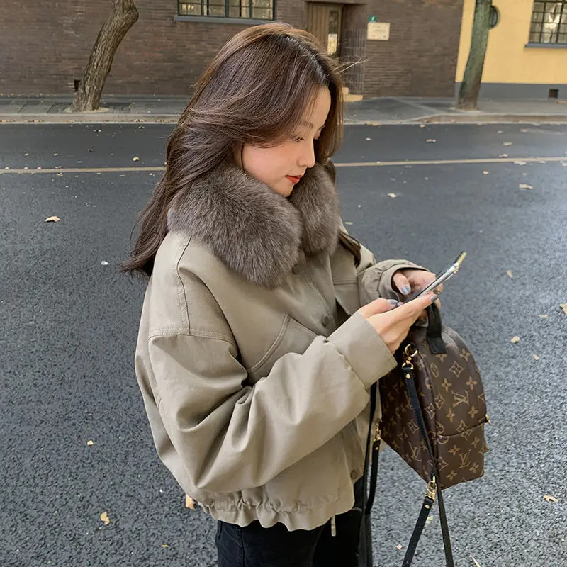 

2021 Winter New Women Cropped Coat Female Warm Jacket Fashion Leisure Thick Loose Solid Casual Sweet All-Match Detachable Collar