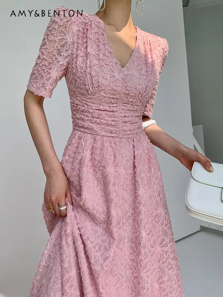 Elegant Pink Dress for Women 2023 Summer New French Style Puff Sleeve V-neck Waist Trimming Short-Sleeved Slimming Dress