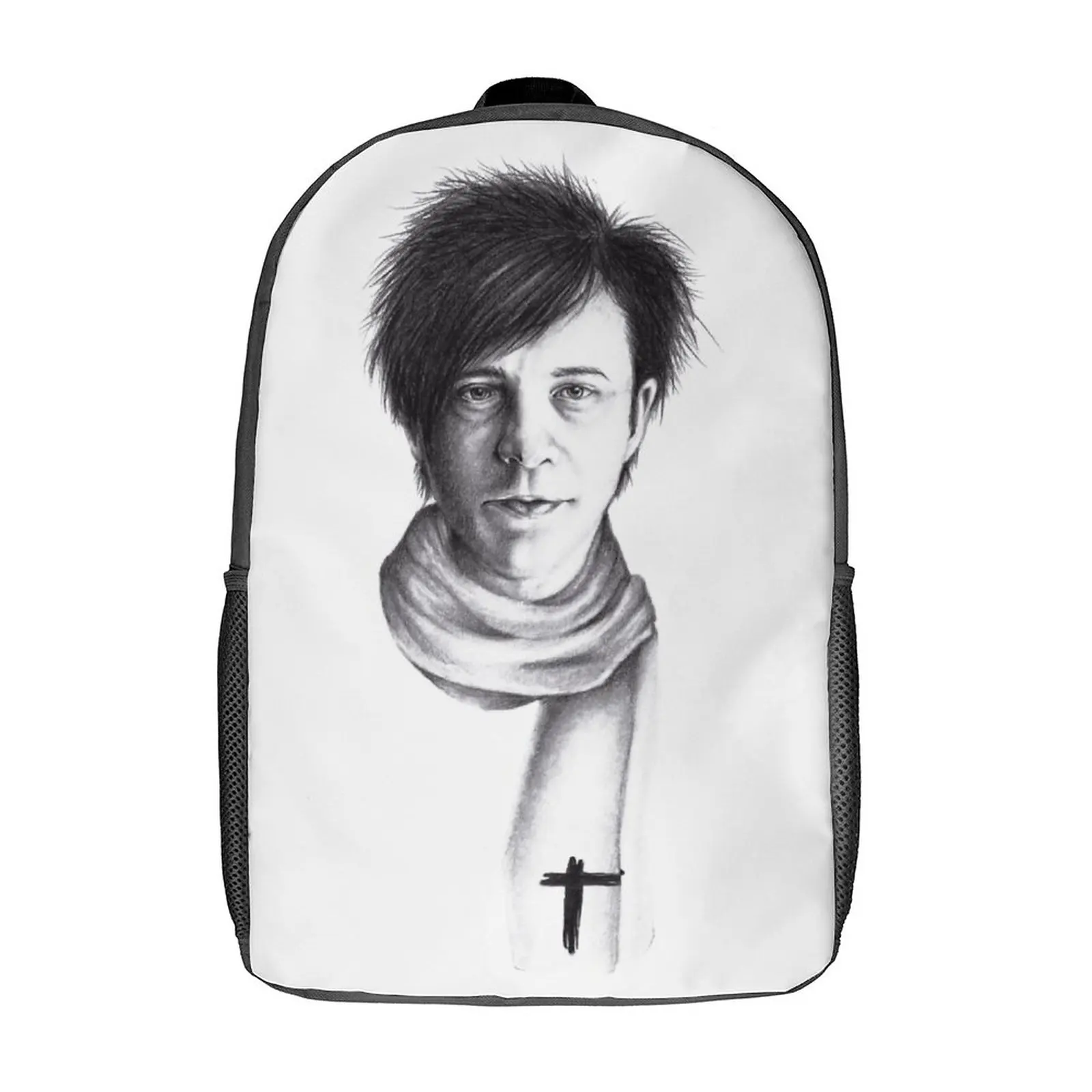 

Drawing of Nicola Sirkis of Indochine Tank Top 17 Inch Shoulder Backpack Vintage Travel Graphic Vintage Secure Cosy Infantry P