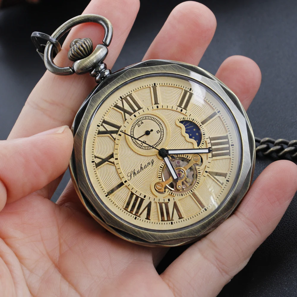 Antique Moon Phase Flywheel High Quality Mechanical Pocket Watch Retro Men's Necklace Pendant Clock Women's Jewelry Gift