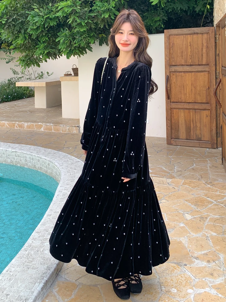 Черное бархатное платье женское весенне-осеннее 2022 Новое поступление элегантная