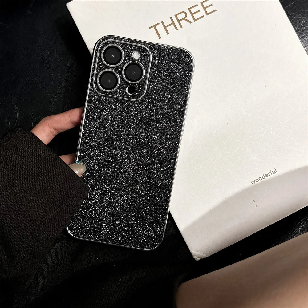 Metal Camera Frame Bling Shining Glitter Cases For iPhone 16 15 14 Plus 13 12 Pro Max Starry Sky Bumper Glass Lens Protect Cover