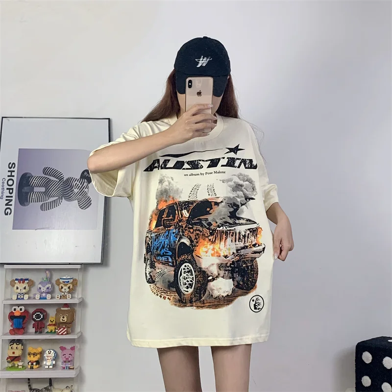 

2023 Summer Hellstar Studios Violent Racin Print Large Image Short Sleeve T-shirt Letter Portrait Poster Crack Graffiti T-SHIRT