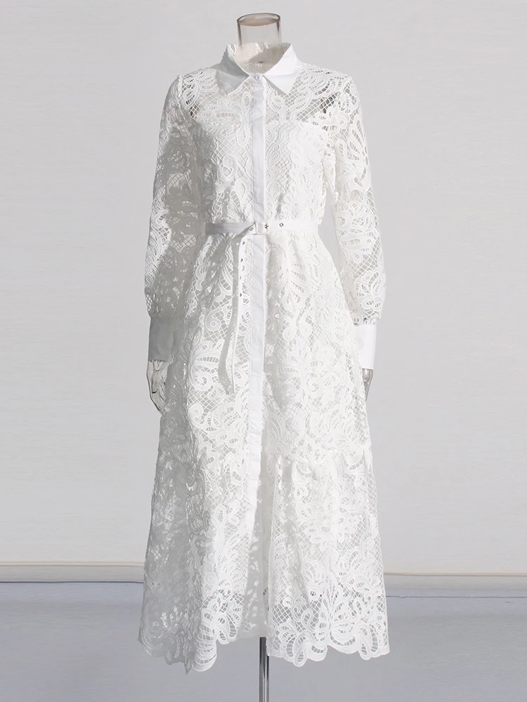 Женское ажурное платье с поясом VGH элегантное лоскутное отложным воротником и