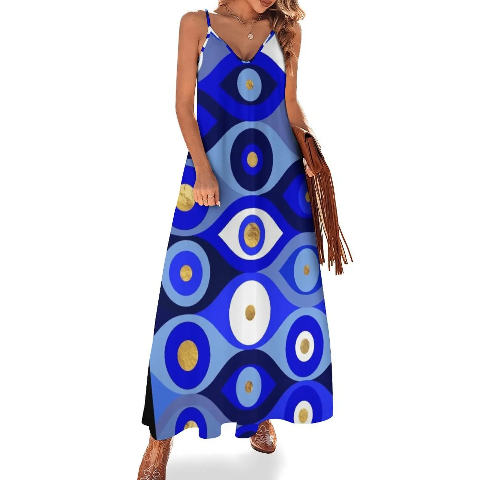 Greek Mati Mataki - Matiasma Evil Eye Blues Длинное платье без рукавов Пляжная одежда для женщин