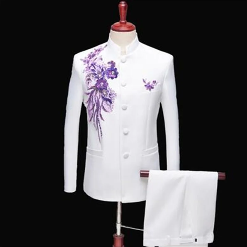 Sequin Blazer Men Chinese Tunic Suit Set With Pants Wedding Costume Singer Star Style Stage Clothing Formal Dress