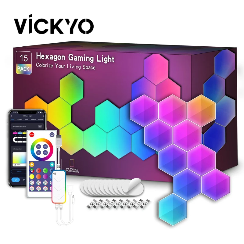 

Умная Квантовая лампа VICKYO, большая Шестигранная панельная лампа, Bluetooth, управление через приложение голосом, ночная лампа для спальни, декор игровой комнаты