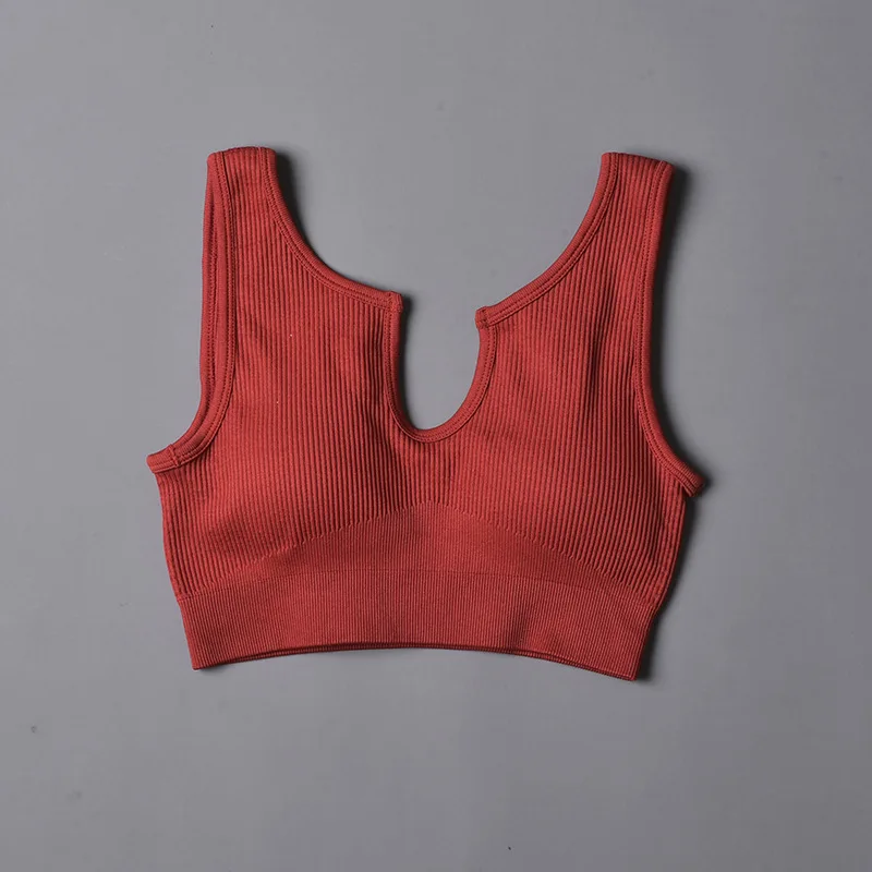 Women Yoga Bra U-neck Vest Tops Nylon Breathable Women Fitness Running Yoga Sports Bra Solid Color Ribbed Sport Wear Bras