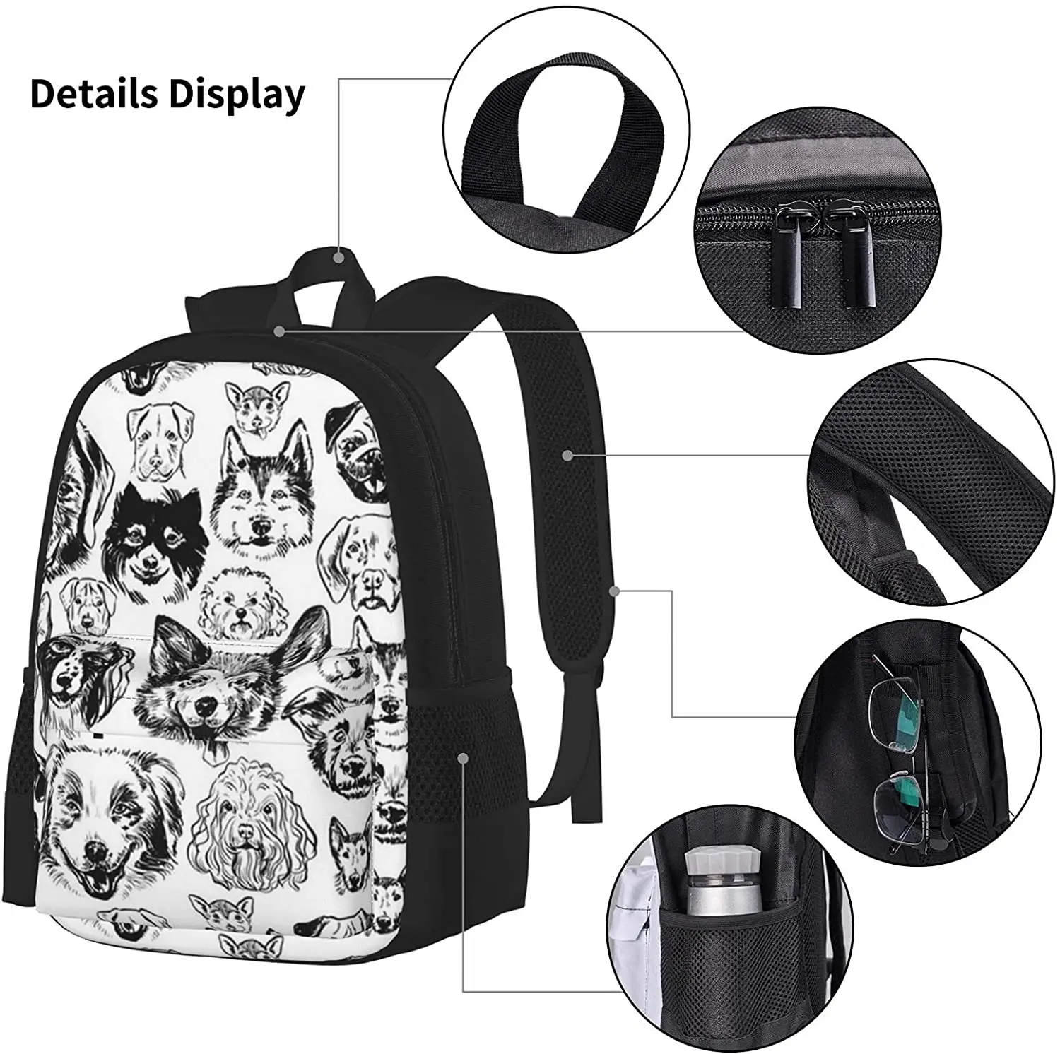 Dogs Black White Backpack Set 3-Piece Teen Boys Girls Backpack Messenger Lunch Bag Pencil Case Set