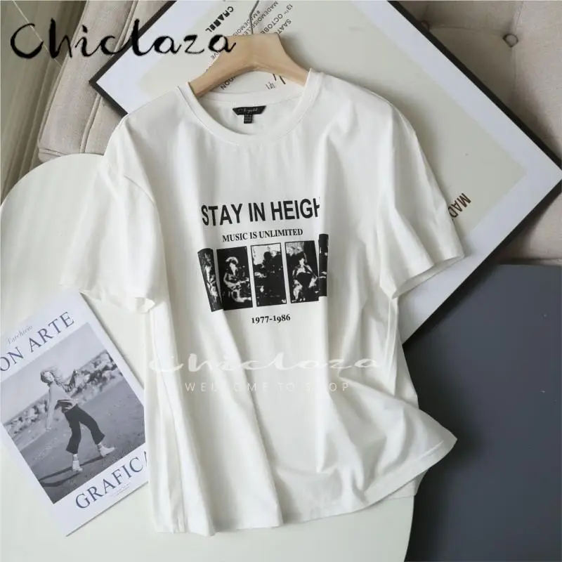 

CHICLAZA Women 2022 Summer Fashion Vintage Pattern Print Short Slevee T-shirts Tops Female Casual O-Neck Loose White Tees Ladies