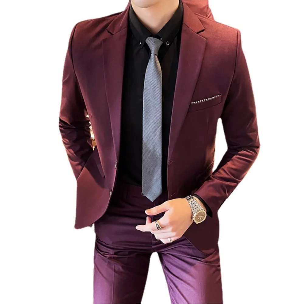 

Burgundy Two Pieces Mens Suits Slim Fit Wedding Grooms Tuxedos Cheap One Button Formal Prom Suit Jacket And Pants With Tie