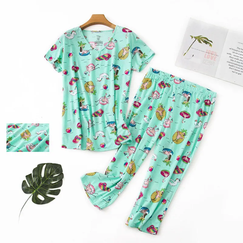 Summer Pajamas Set Short Sleeve T-shirt Calf-length Pants Cartoon Pyjama Big Size Mom Soft Homewear Cozy Plus Sleepwear