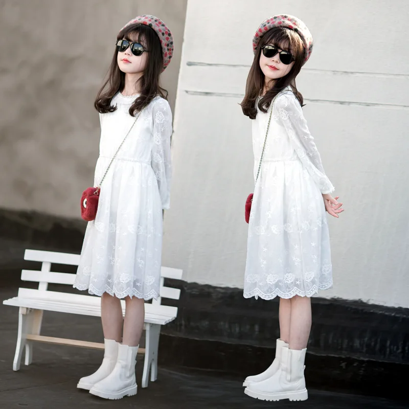 

2022 summer Spring Girls White Lace Dress Hollow Knee long Princess Teen mesh Party Birthday teens Kids date Clothes maidenly