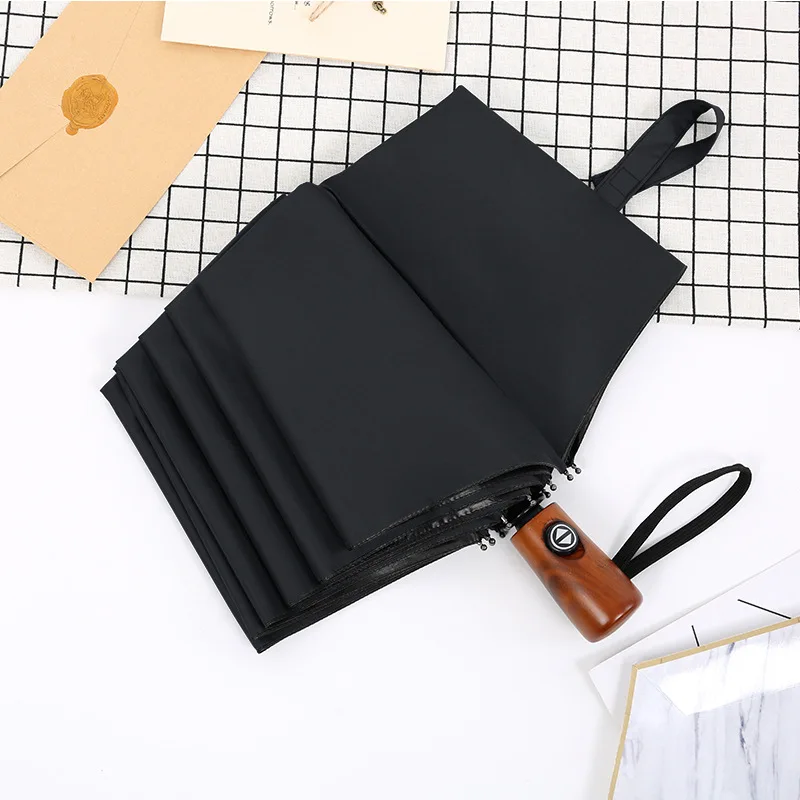 

Solid wood handle 10 bones Fully Automatic Folding Umbrella Windproof Strong Shade Sunny and Rainy Large Umbrellas for Women Men