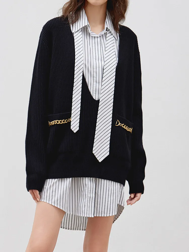 

Women Wool Knit Sweater Metal Chain Deep V Neck Pullover Black or Green 2022 Autumn New Female Casual Tops