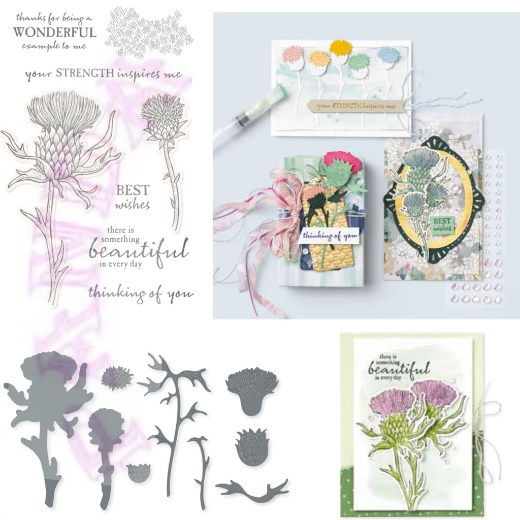

2023 New Beautiful Thistle Metal Cutting Dies Clear Stamp Scrapbook Diary Decoration Embossing Template DIY Make Card Album