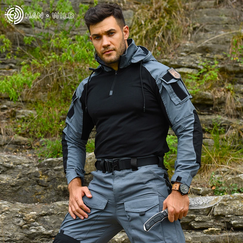 Tactical Hooded Shirt with Pads Camouflage Blouse Combat Uniform Army Fans Airsoft Hunting Outfit Fishing Shirt Men Clothing